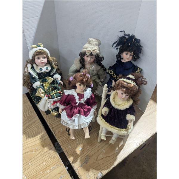 (5) Assorted Porcelain Dolls & Accessories