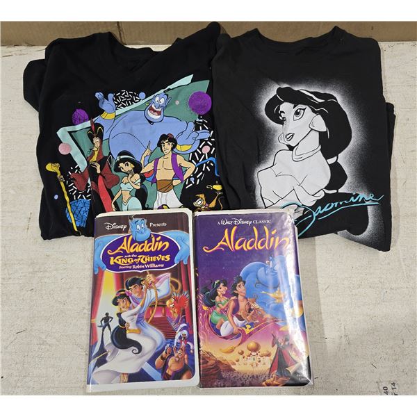 (2) Aladdin T-Shirts (Size Small) & (2) Aladdin VHS Movies