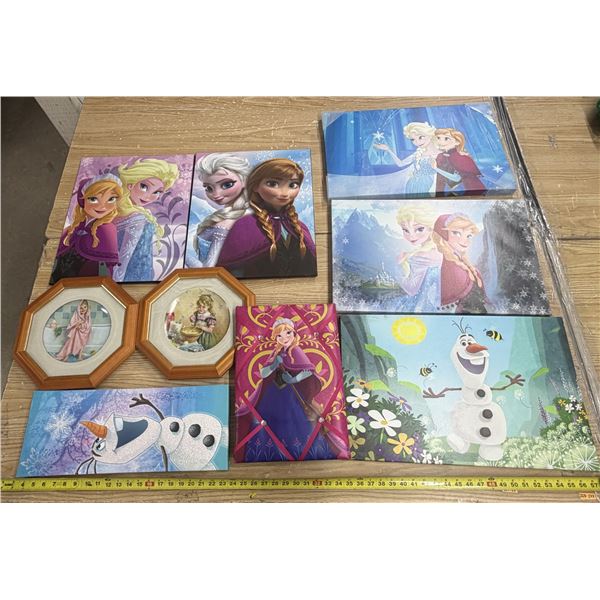 Collection of Disney Frozen canvas wall art prints, hard board pictures and (2) Decorative children'