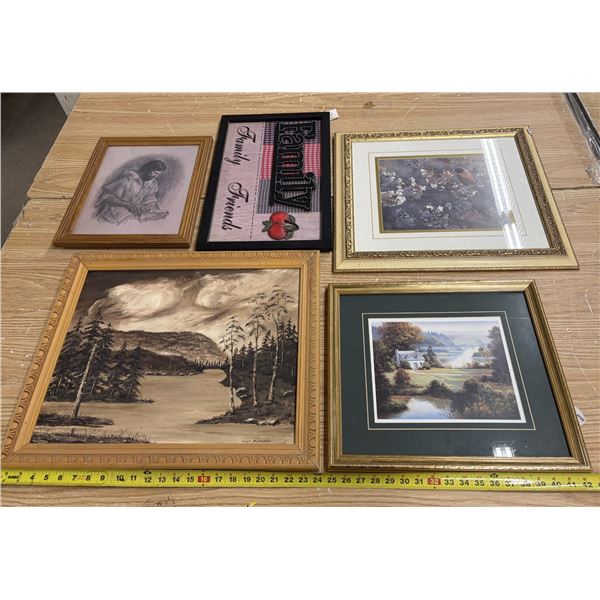 Collection of five framed decorative wall art.