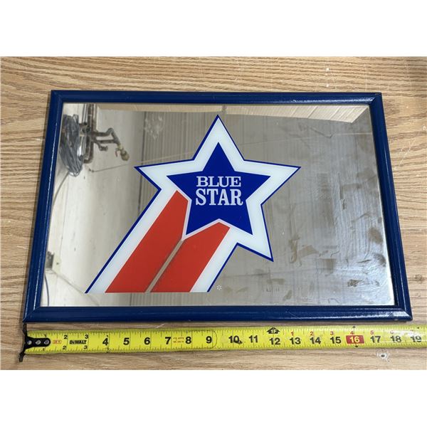 Vintage Blue Star beer advertising mirror featuring a blue wooden frame and the brand's classic red-