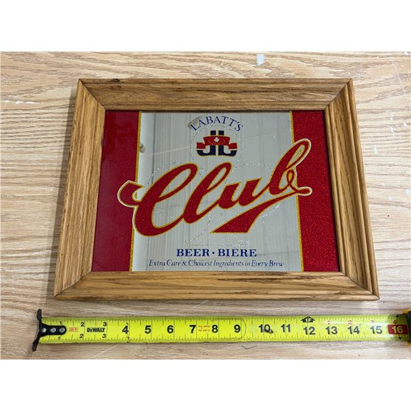 Vintage Labatt's Club Beer advertising mirror featuring a hardwood frame and glitter/carnival glass 