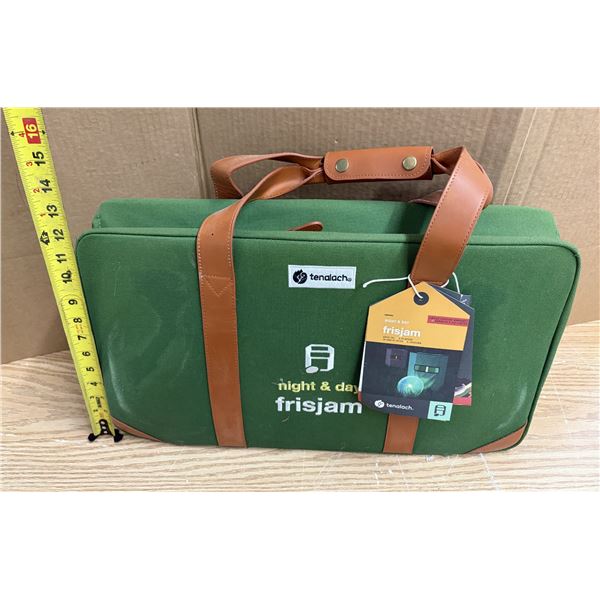 Tenalach Night & Day Frisjam game set packed in a green canvas carrying case with brown leatherette 