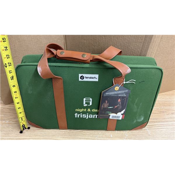 Tenalach Night & Day Frisjam game set packed in a green canvas carrying case with brown leatherette 