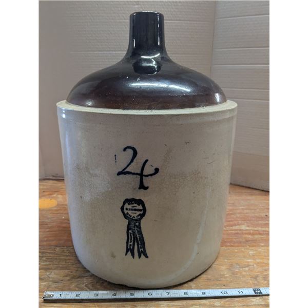 4-Gal Blue Ribbon Stoneware Jug – chipped, cracked, glazing run