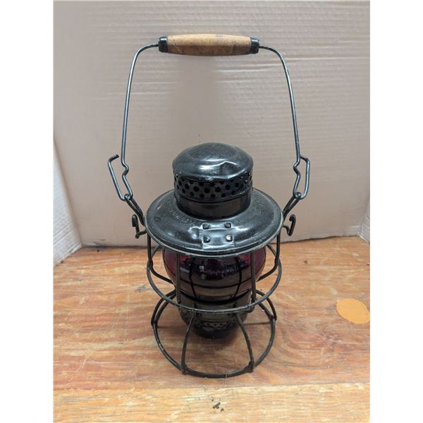 Vintage CPR Painted Black Hiram L Piper Railway Lantern with Red Globe