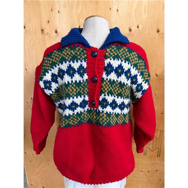 Vibrant, vintage hand-knitted red polo-style sweater featuring a blue collar and a multicolored Fair
