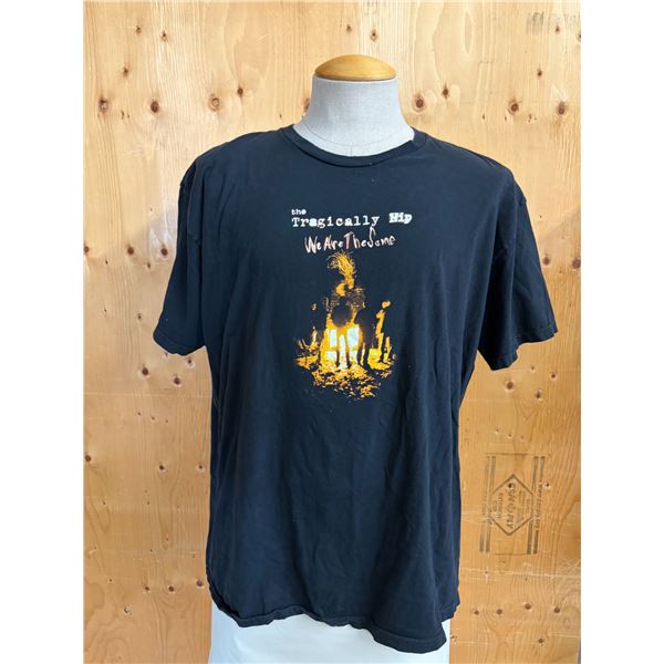 Black cotton t-shirt featuring a bonfire graphic from The Tragically Hip's We Are the Same album.