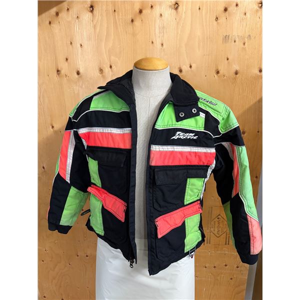 Vintage Team Arctic Cat snowmobile jacket featuring bold neon green and bright orange colorblock pan