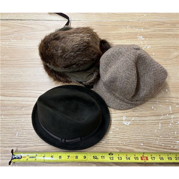 Collection of three vintage hats - beaver trapper, Kangolmis made in England and Park Lane fedora