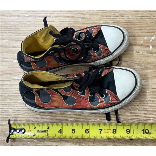 Pair of kids' high-top Converse Chuck Taylor All Star Hi GS 'Black Flame' sneakers. (Size Junier US 