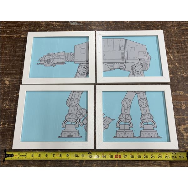 4-panel split-frame wall art set featuring a detailed blueprint schematic of a Star Wars AT-AT Walke