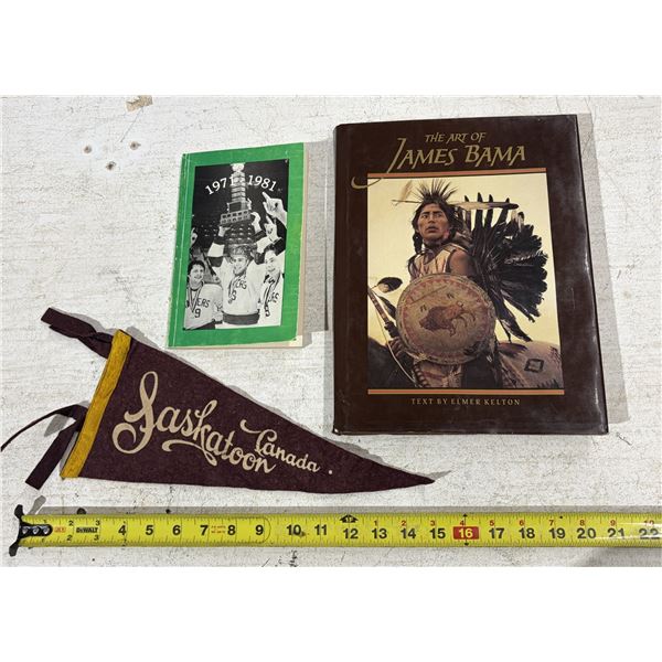 Vintage memorabilia and books, including a hardcover art monograph, a commemorative local sports boo