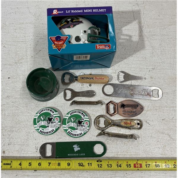 Collection of vintage sports memorabilia and barware featuring Saskatchewan Roughriders items alongs