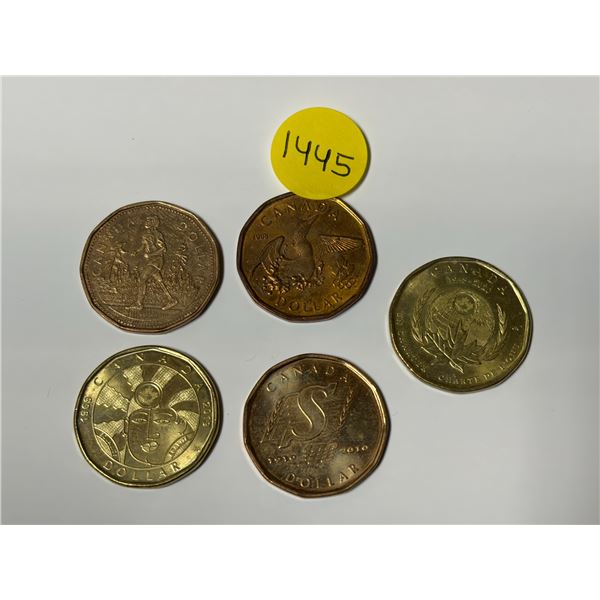 Lot of Special Assorted (5) Canada One Dollar Coins.