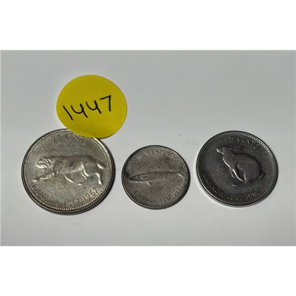 1967 Canada 25 Cents Silver, 10 Cents Silver and 5 Cents.