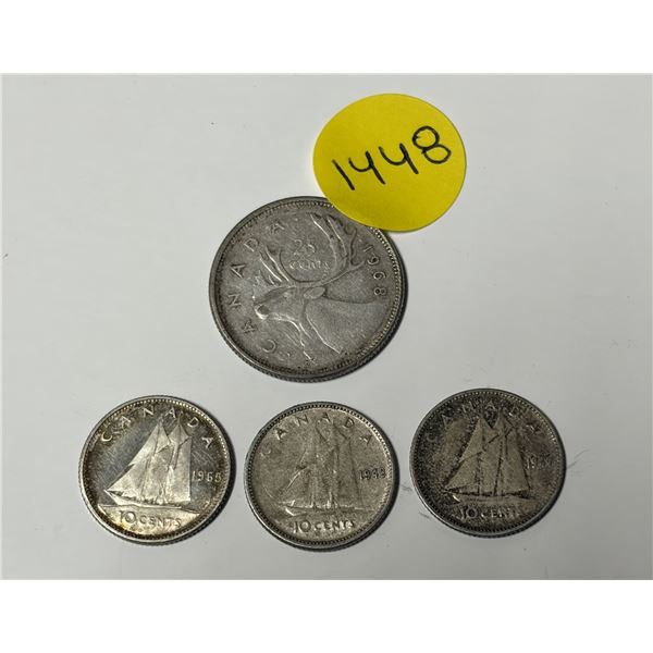 1943, 1947, 1965 Canada Silver 10 Cents and 1968 Canada 25 Cents. (Might Be Silver It Have Non-Magne