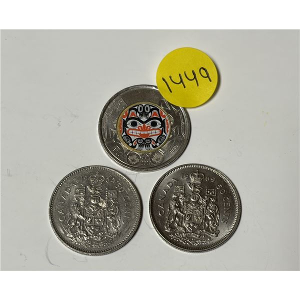 1969, 1984 Canada 50 Cents and 2020 Canada "Bill Reid" Coloured Two Dollar Coin.