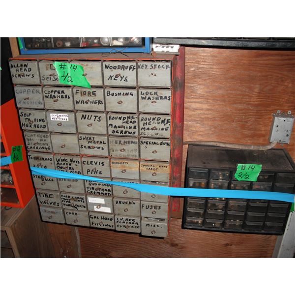 2x shop organizers - brass fittings, screws, steel balls, etc. - 14.5"x6"x18.5"H & 11.5"x5"x8"H