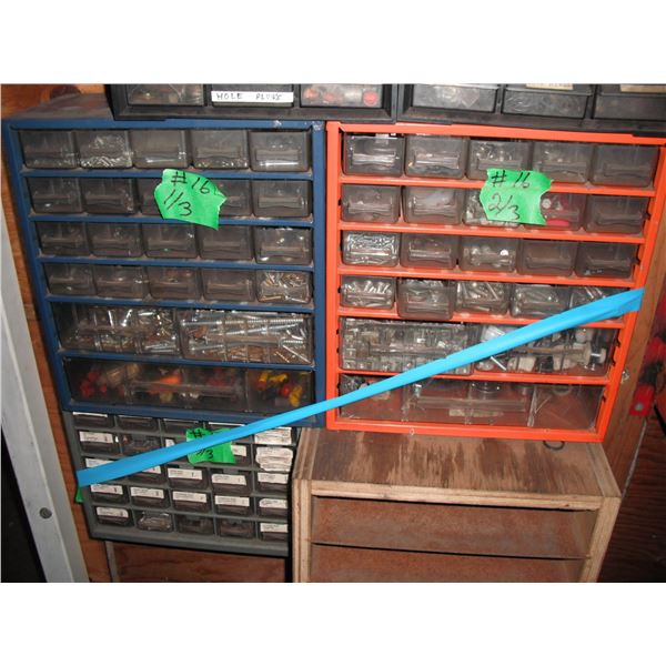 3x shop organizers - nails, screws, bolts, etc. - largest is 12"x6"x13.5"H