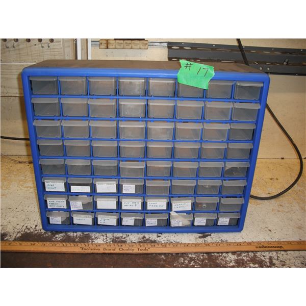 Shop organizer w/ misc. Gun related parts, scope mounts, screws, etc. - 19-3/4"x6-1/2"x15-1/2"H