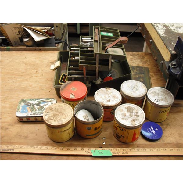 tackle box w/ misc. & assorted tins