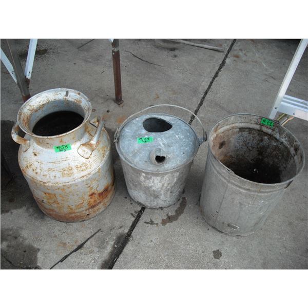 milk jug, galvanized bucket & galvanzied oil pail