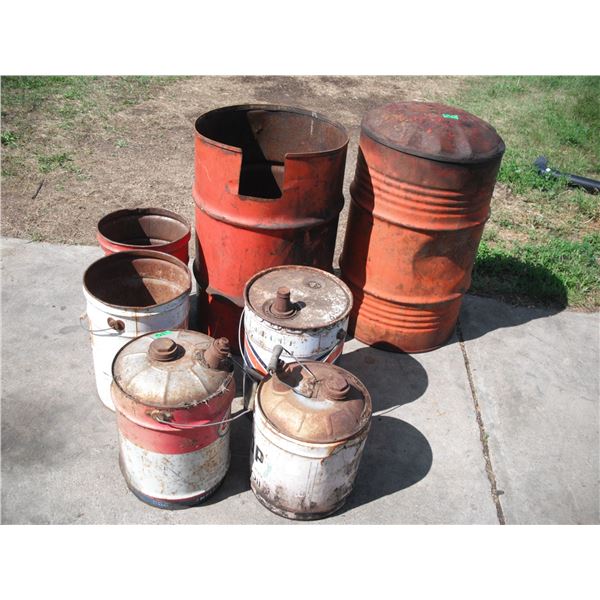 2 Allis Chalmers barrel, & 5 oil pails (Esso, Gulf, Co-op, etc.)