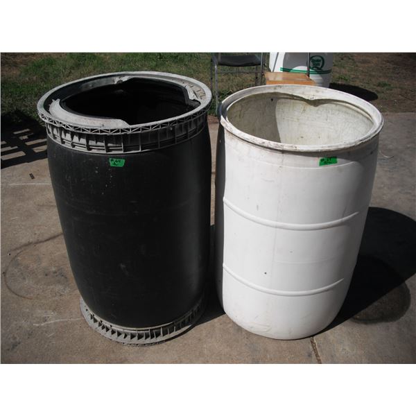 2 plastic barrels w/ contents - brass fittings, assorted circuit boards & electrical, etc.