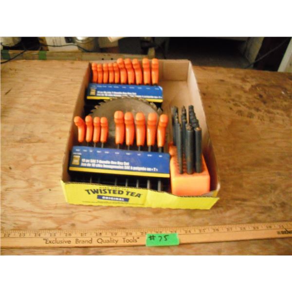 imperial and metric t-handle hex keys, pin stamp set & 2x 7" circular saw blades - hex keys are 3/32