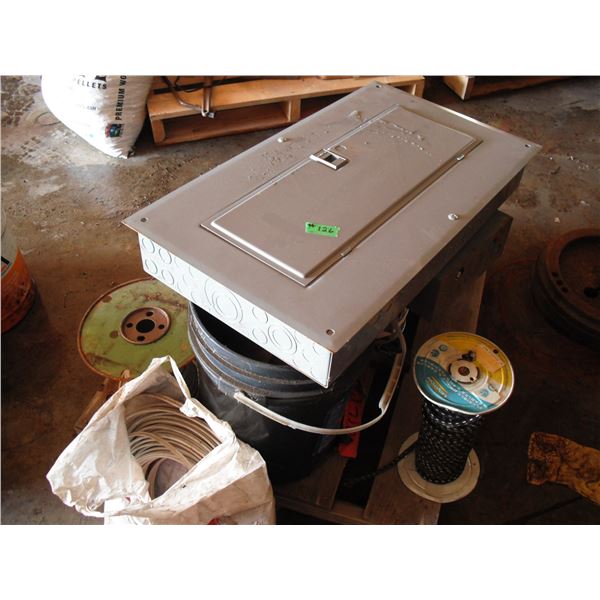 pallet - breaker boxes, rope, plastic fittings, wire, etc.
