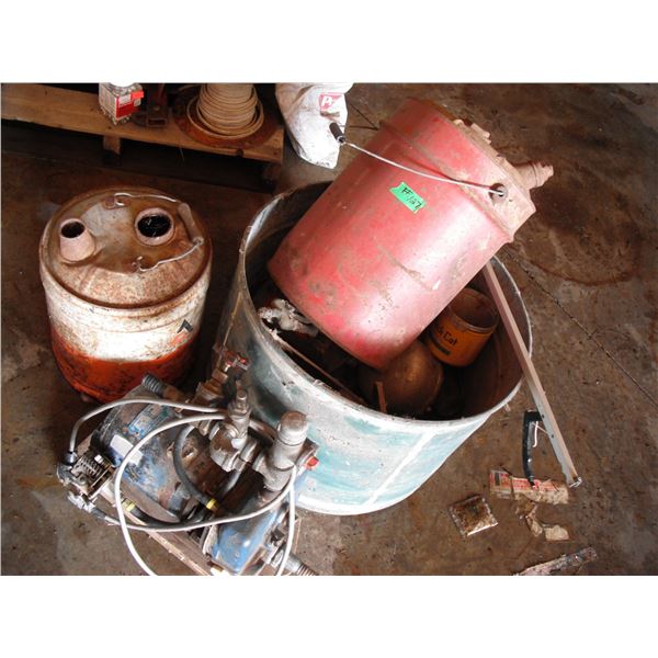 Allis-Chalmers containers, pop bottles, fuel pail, pressure pump, etc.