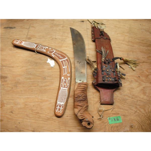 wooden handle machete w/ leather sheath and boomerang