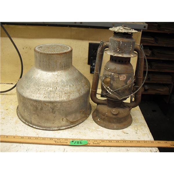 vintage Beacon barn lantern (broken glass) and milk strainer