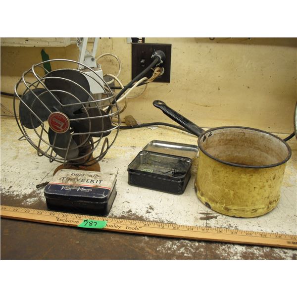 vintage Torcan fan, enamel pot & 2 first aid tins