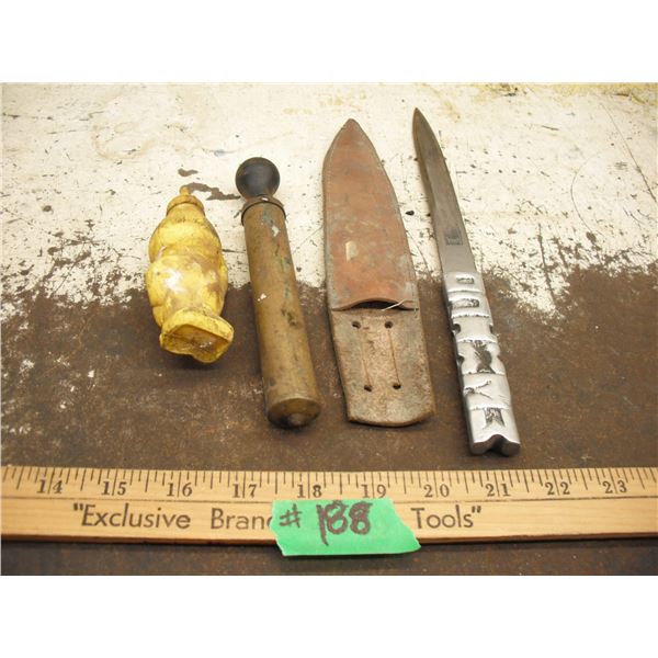 Esso figural handy oiler, metal handled knife with leather sheath & oil lamp pump