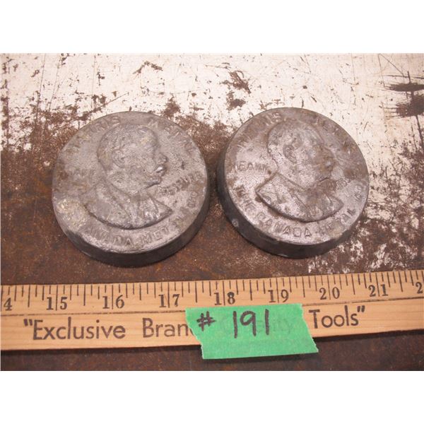 2x Massey Harris/Harris Metal heavy paperweights - 3"W