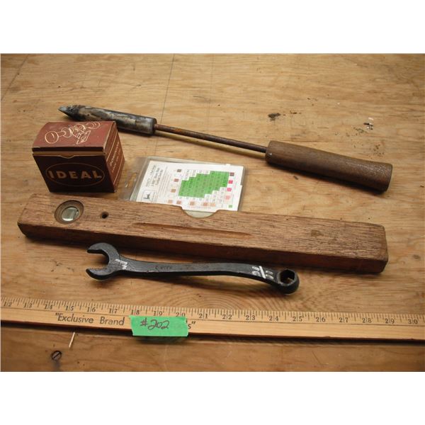 vintage wrench, level, soldering iron, etc.