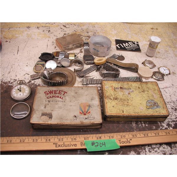 assorted collectibles - watch parts, tobacco tins, etc.