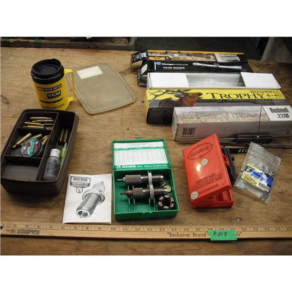assorted reloding parts, scope boxes, etc