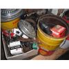Image 5 : pallet of oil barrels (BA, Shell, Co-op), hub caps, engione parts, etc.
