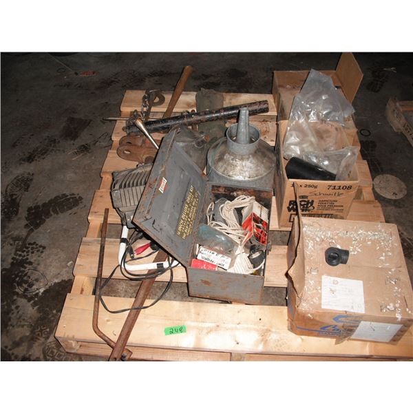 pallet of pipe fittings, funnels, tools, etc.