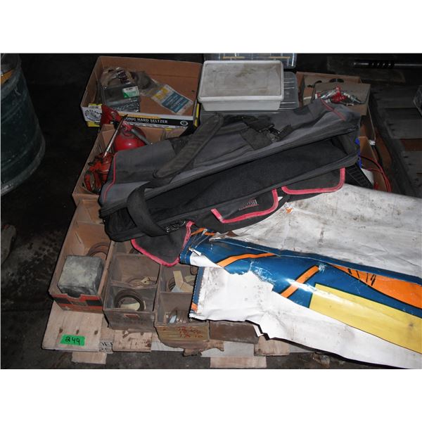 pallet of oilers, spark plugs, tool bag, steel rings, etc.