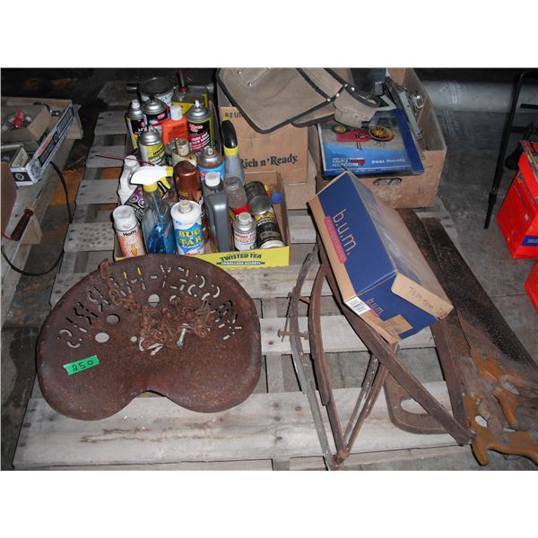 pallet of automotive fluids, carpenters belt, Massey-Harris tractor seat, etc.