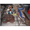 Image 1 : pallet of automotive fluids, carpenters belt, Massey-Harris tractor seat, etc.