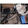 Image 7 : pallet of automotive fluids, carpenters belt, Massey-Harris tractor seat, etc.