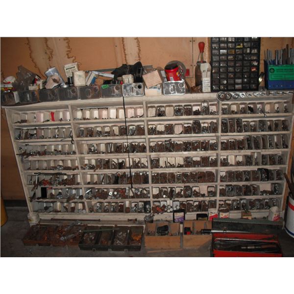 large shelf organizer w/ contents - bolts, nuts, tool box w/ tools, etc. - buyer responsible for rem