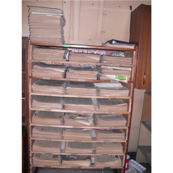 shelf w/ vintage agricutural newspapers dating back to 1984 - 41.5 x18.5 x66 H
