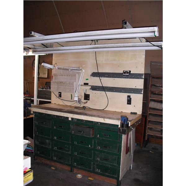 large work bench with drawers, work light, 2 bench vises and back board - table: 72 x28 x39 H, back 