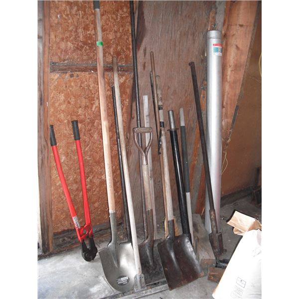 assorted hand tools - bolt cutters, HD pry bars, shovels, etc.
